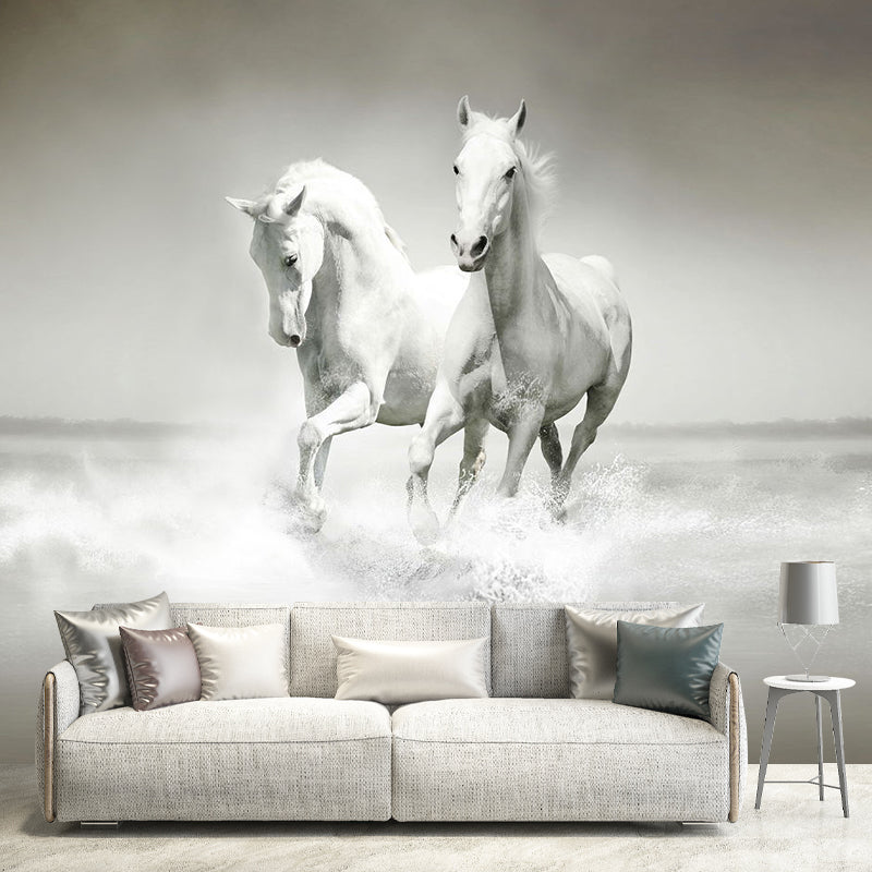 Traditional Galloping Horses Wall Decor for Living Room, Customized Size Wall Mural in Soft Grey Clearhalo 'Wall Decor' 'Wall Mural' 1114346