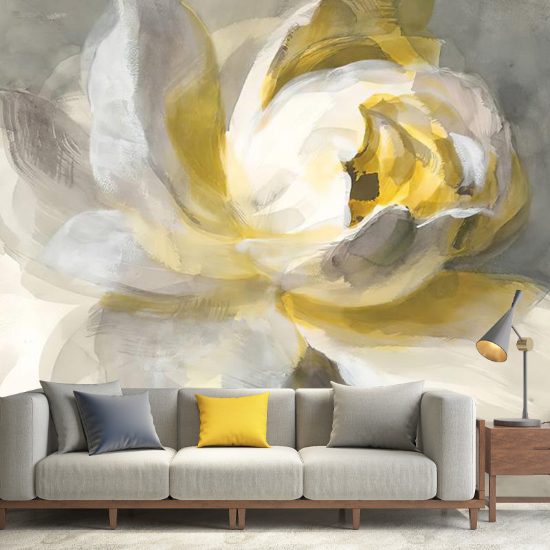 Whole Illustration Retro Mural Wallpaper for Living Room with Blossoming Lotus Oil Painting in Yellow and White Yellow-White Clearhalo 'Wall Decor' 'Wall Mural' 1114354