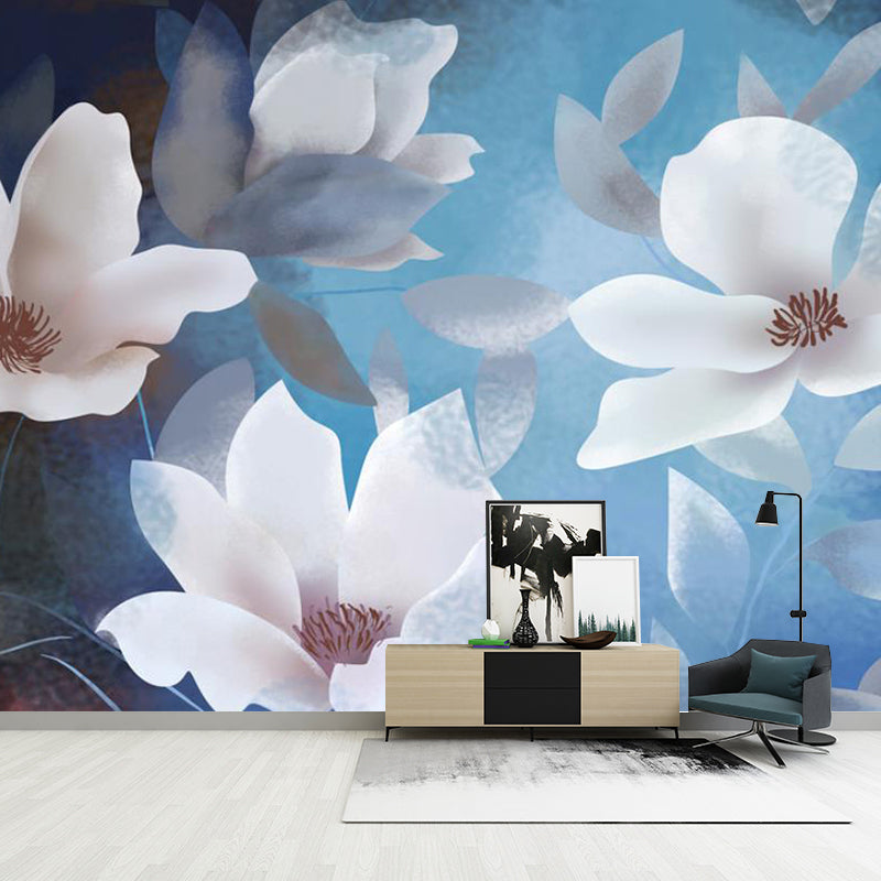 Enormous Illustration Blossoms Wall Mural Decal for Bedroom in Blue and White, Custom-Made Blue-White Clearhalo 'Wall Decor' 'Wall Mural' 1114359