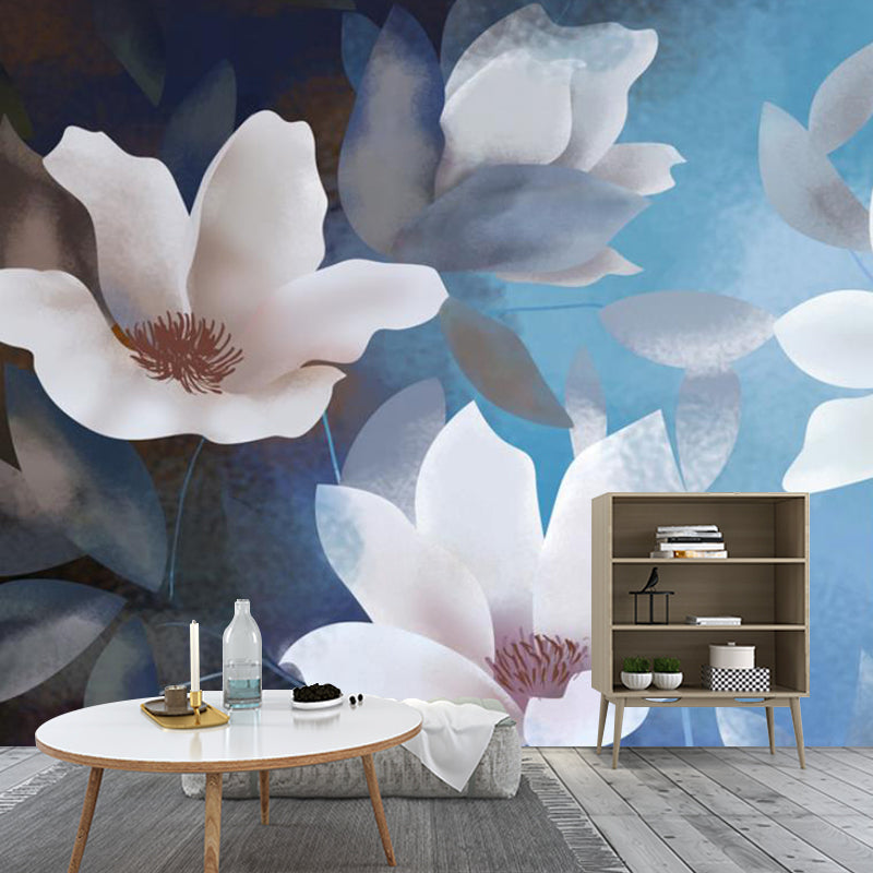 Enormous Illustration Blossoms Wall Mural Decal for Bedroom in Blue and White, Custom-Made Clearhalo 'Wall Decor' 'Wall Mural' 1114360