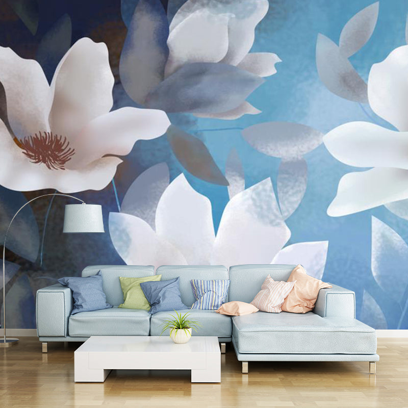 Enormous Illustration Blossoms Wall Mural Decal for Bedroom in Blue and White, Custom-Made Clearhalo 'Wall Decor' 'Wall Mural' 1114361