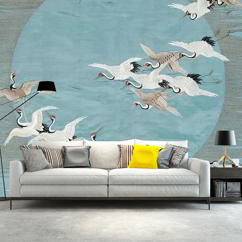 Asia Inspired Wild Crane Mural for Living Room, Custom-Printed Wall Art in Blue and Grey Clearhalo 'Wall Decor' 'Wall Mural' 1114365