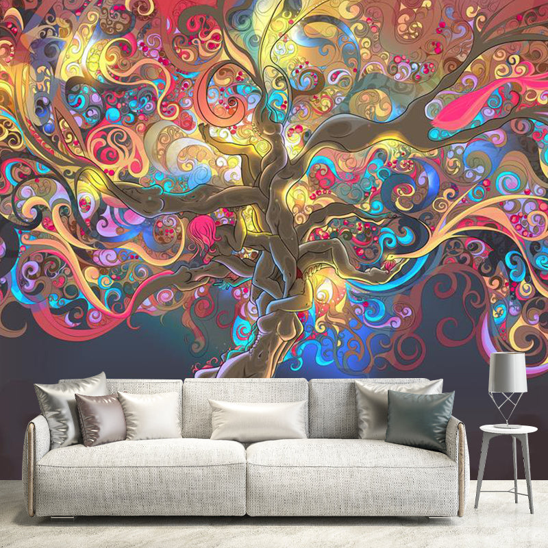 Entwined Tree Wall Mural Decal for Girl Fantasy Wall Covering in Yellow and Pink, Custom Size Available Pink-Yellow Clearhalo 'Wall Decor' 'Wall Mural' 1114389