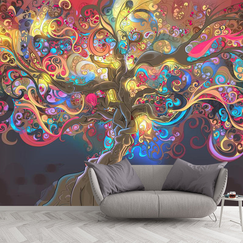 Entwined Tree Wall Mural Decal for Girl Fantasy Wall Covering in Yellow and Pink, Custom Size Available Clearhalo 'Wall Decor' 'Wall Mural' 1114390