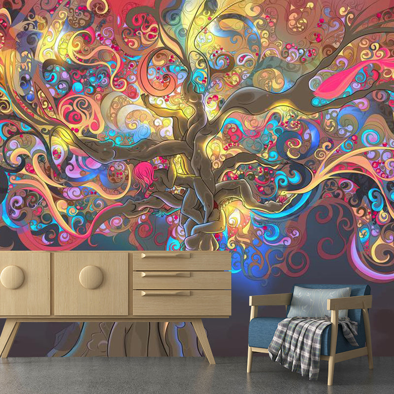 Entwined Tree Wall Mural Decal for Girl Fantasy Wall Covering in Yellow and Pink, Custom Size Available Clearhalo 'Wall Decor' 'Wall Mural' 1114391