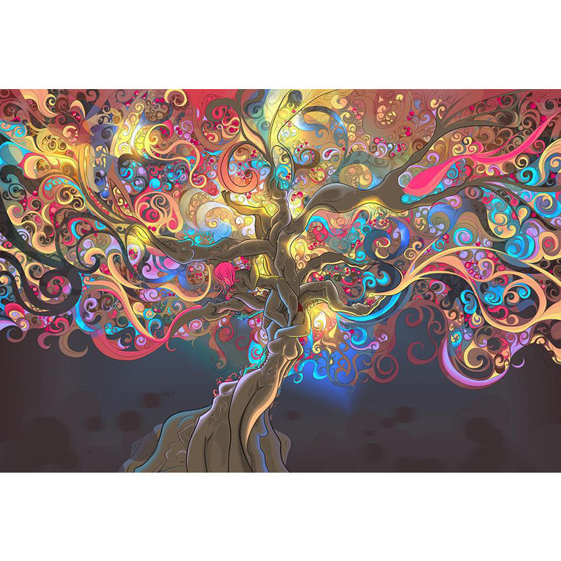 Entwined Tree Wall Mural Decal for Girl Fantasy Wall Covering in Yellow and Pink, Custom Size Available Clearhalo 'Wall Decor' 'Wall Mural' 1114392