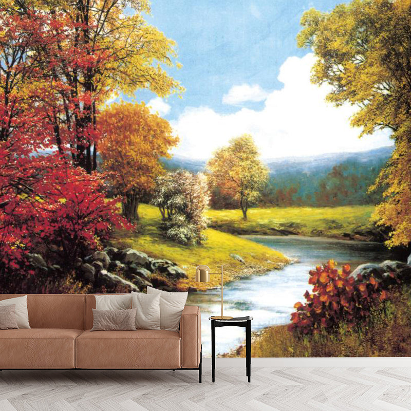 Fresh Forest Wall Mural Decal for Living Room Decor, Red and Green, Made to Measure Clearhalo 'Wall Decor' 'Wall Mural' 1114395