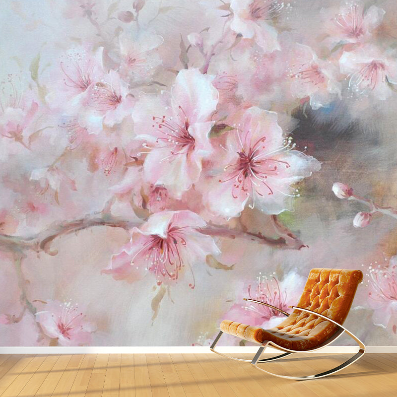 Nordic Blossoming Flower Wall Covering, Customized Size Mural Wallpaper in Soft Pink Pink Clearhalo 'Wall Decor' 'Wall Mural' 1114419