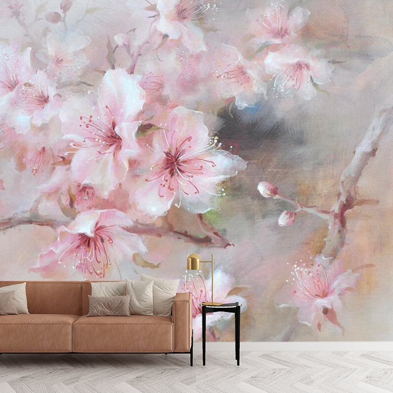 Nordic Blossoming Flower Wall Covering, Customized Size Mural Wallpaper in Soft Pink Clearhalo 'Wall Decor' 'Wall Mural' 1114420