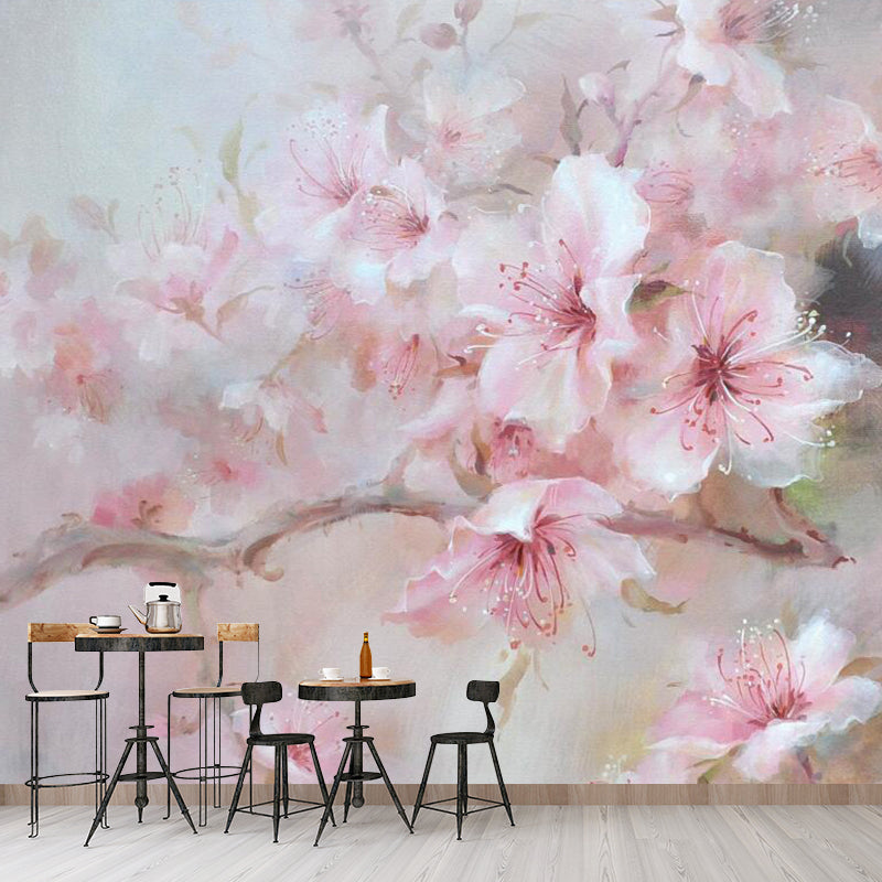 Nordic Blossoming Flower Wall Covering, Customized Size Mural Wallpaper in Soft Pink Clearhalo 'Wall Decor' 'Wall Mural' 1114421