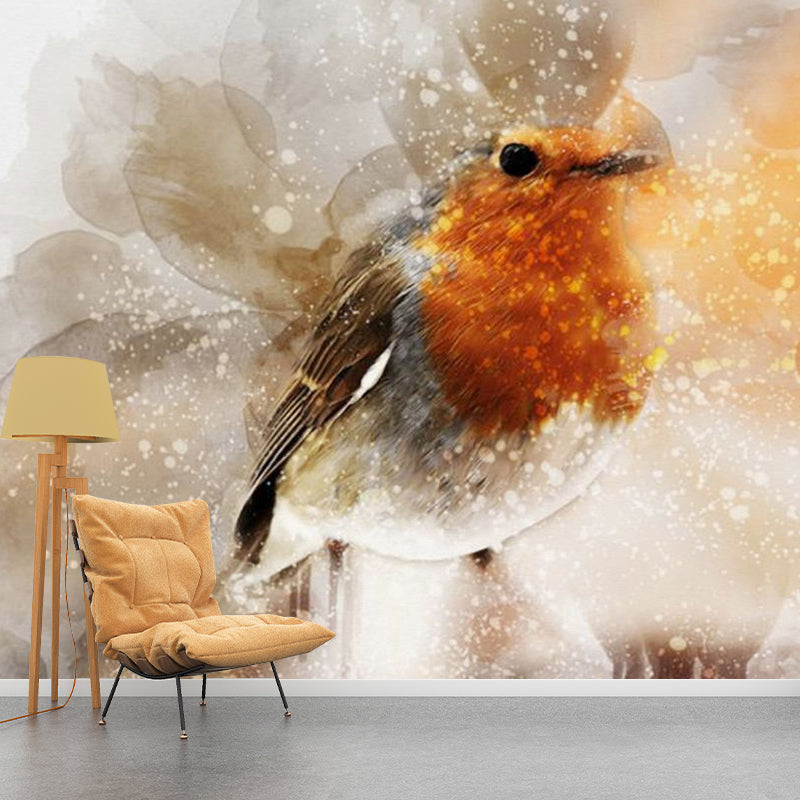 Large Illustration Nordic Mural Wallpaper for Guest Room Decoration with Bird Design in Orange and Yellow Orange-Yellow Clearhalo 'Wall Decor' 'Wall Mural' 1114429