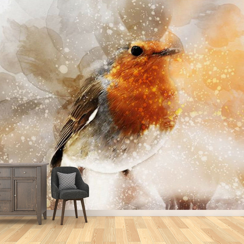 Large Illustration Nordic Mural Wallpaper for Guest Room Decoration with Bird Design in Orange and Yellow Clearhalo 'Wall Decor' 'Wall Mural' 1114430