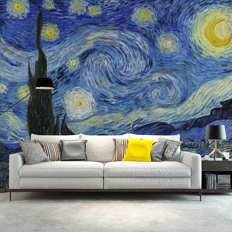 Extra Large Illustration Sky Mural Wallpaper for Bedroom Decor in Blue and Yellow, Made to Measure Blue-Yellow Clearhalo 'Wall Decor' 'Wall Mural' 1114434