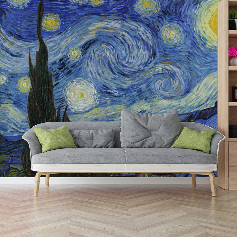 Extra Large Illustration Sky Mural Wallpaper for Bedroom Decor in Blue and Yellow, Made to Measure Clearhalo 'Wall Decor' 'Wall Mural' 1114435