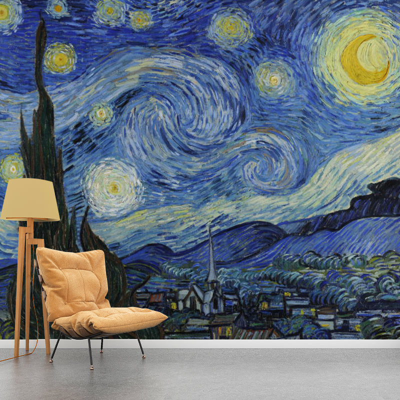 Extra Large Illustration Sky Mural Wallpaper for Bedroom Decor in Blue and Yellow, Made to Measure Clearhalo 'Wall Decor' 'Wall Mural' 1114436