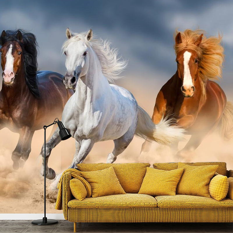 Brown Asia Inspired Wall Covering Custom-Printed Safari Horses Mural for Living Room Brown Clearhalo 'Wall Decor' 'Wall Mural' 1114449