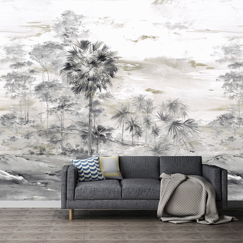 Moisture-Resistant Jungle Mural Wallpaper Custom-Made Retro Wall Art for Living Room Decoration Gray-White Clearhalo 'Wall Decor' 'Wall Mural' 1114454