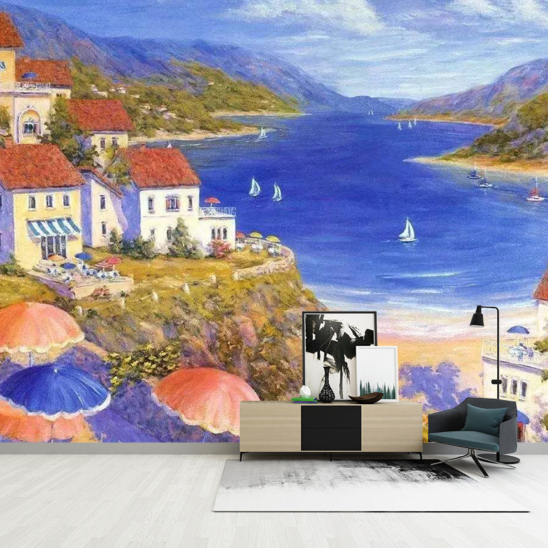 Seashore Town Wall Mural Decal for Accent Wall Contemporary Wall Covering in Multi-Colored, Custom-Made Clearhalo 'Wall Decor' 'Wall Mural' 1114460