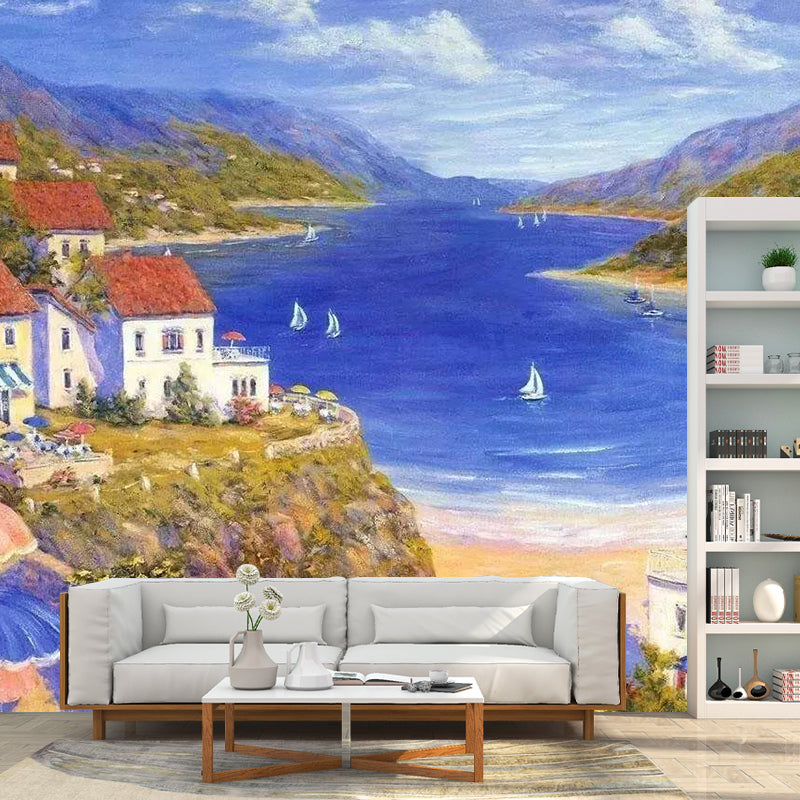 Seashore Town Wall Mural Decal for Accent Wall Contemporary Wall Covering in Multi-Colored, Custom-Made Clearhalo 'Wall Decor' 'Wall Mural' 1114461