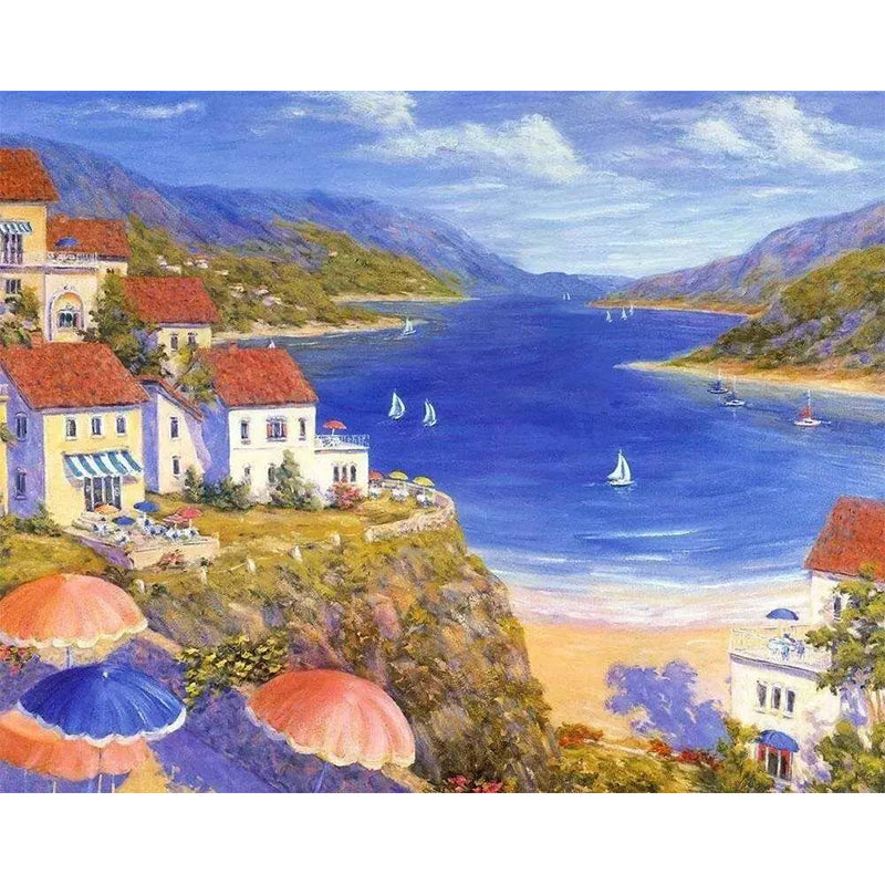 Seashore Town Wall Mural Decal for Accent Wall Contemporary Wall Covering in Multi-Colored, Custom-Made Clearhalo 'Wall Decor' 'Wall Mural' 1114462