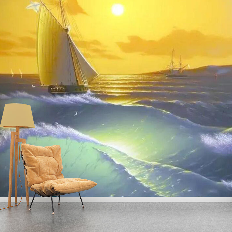 Whole Boat and Sunset Mural in Yellow and Green Non-Woven Fabric Wall Covering for Home, Made to Measure Clearhalo 'Wall Decor' 'Wall Mural' 1114470
