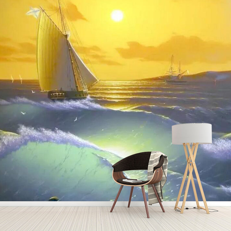 Whole Boat and Sunset Mural in Yellow and Green Non-Woven Fabric Wall Covering for Home, Made to Measure Clearhalo 'Wall Decor' 'Wall Mural' 1114471