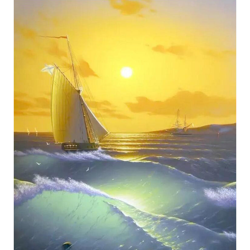 Whole Boat and Sunset Mural in Yellow and Green Non-Woven Fabric Wall Covering for Home, Made to Measure Clearhalo 'Wall Decor' 'Wall Mural' 1114472
