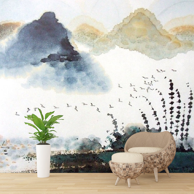 Watercolors of Mountain Mural for Guest Room Asia Inspired Wall Art in Brown and White, Made to Measure White-Brown Clearhalo 'Wall Decor' 'Wall Mural' 1114484