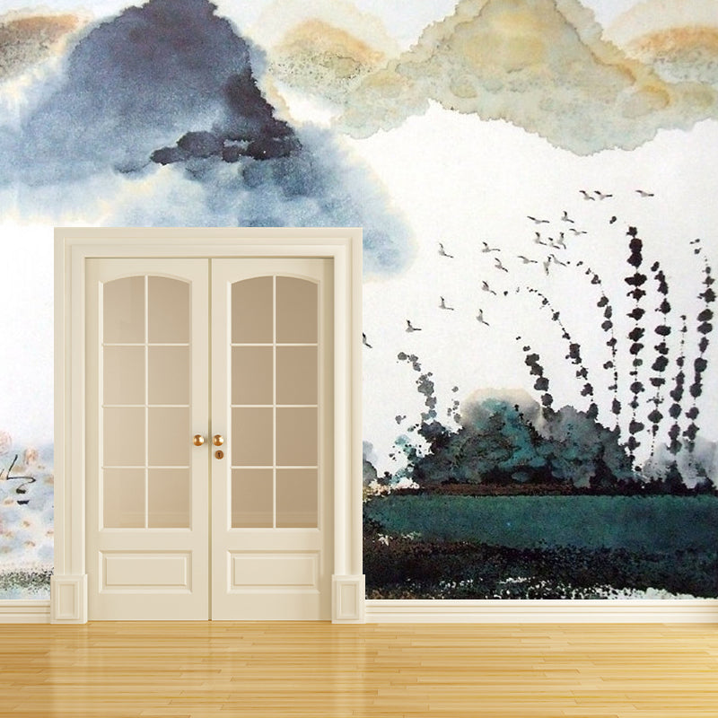Watercolors of Mountain Mural for Guest Room Asia Inspired Wall Art in Brown and White, Made to Measure Clearhalo 'Wall Decor' 'Wall Mural' 1114485