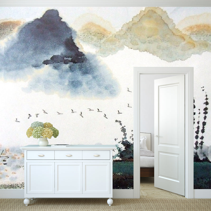 Watercolors of Mountain Mural for Guest Room Asia Inspired Wall Art in Brown and White, Made to Measure Clearhalo 'Wall Decor' 'Wall Mural' 1114486