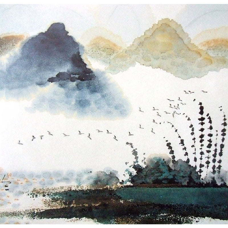 Watercolors of Mountain Mural for Guest Room Asia Inspired Wall Art in Brown and White, Made to Measure Clearhalo 'Wall Decor' 'Wall Mural' 1114487