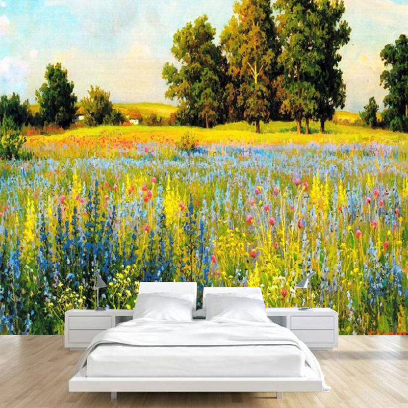 Large Grassland Mural Wallpaper for Dining Room Sky Wall Covering in Green and Blue, Water-Resistant Blue-Green Clearhalo 'Wall Decor' 'Wall Mural' 1114499