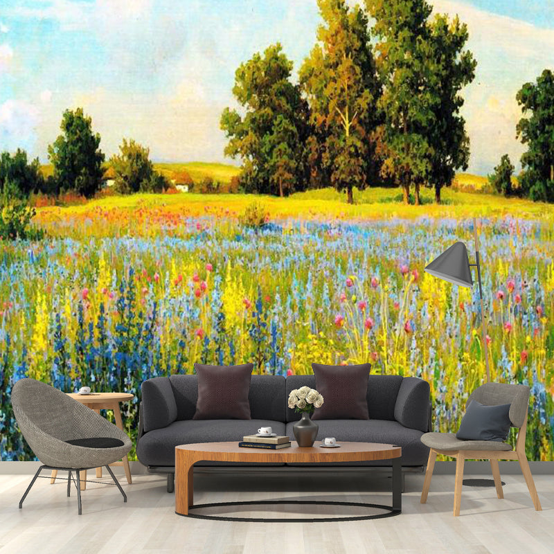 Large Grassland Mural Wallpaper for Dining Room Sky Wall Covering in Green and Blue, Water-Resistant Clearhalo 'Wall Decor' 'Wall Mural' 1114501