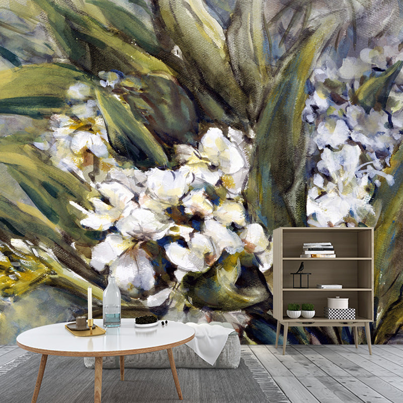 Decorative Blossom and Leaves Mural Wallpaper Non-Woven Wall Covering for Living Room in Green and White Clearhalo 'Wall Decor' 'Wall Mural' 1114515