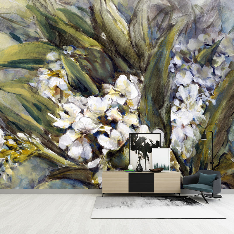 Decorative Blossom and Leaves Mural Wallpaper Non-Woven Wall Covering for Living Room in Green and White Clearhalo 'Wall Decor' 'Wall Mural' 1114516