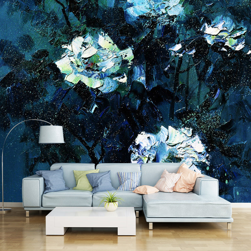 Whole Nostalgic Wall Mural Decal in Blue and White Floral Design Wall Decor, Made to Measure Blue-White Clearhalo 'Wall Decor' 'Wall Mural' 1114519