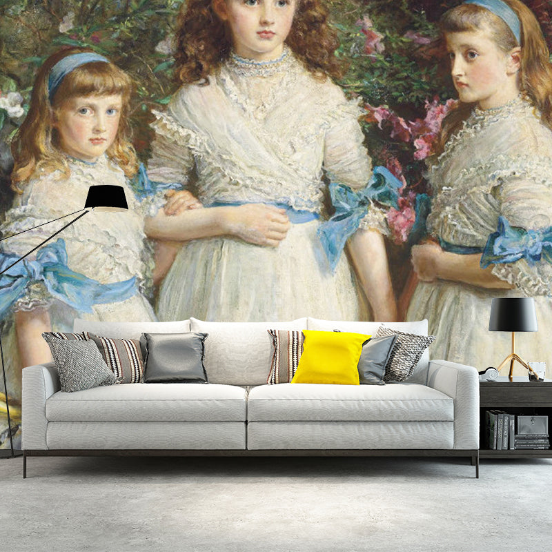 European Baby Girls Wall Covering for Living Room, Custom-Made Mural Wallpaper in White and Blue Clearhalo 'Wall Decor' 'Wall Mural' 1114570