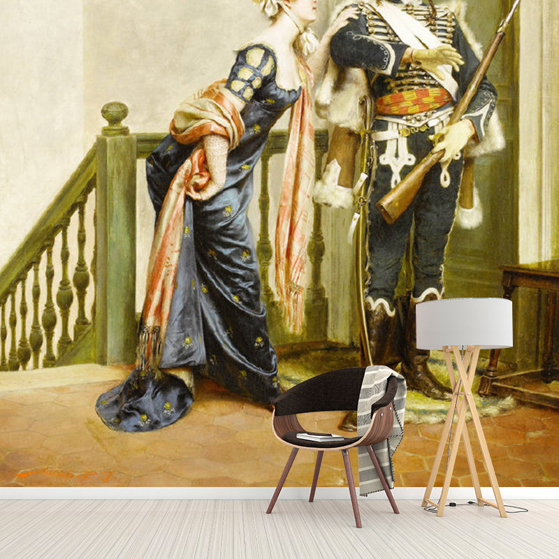 Water-Resistant Officer and Lady Mural Wallpaper Non-Woven Fabric Classic Wall Decor, Personalized Size Available Brown Clearhalo 'Wall Decor' 'Wall Mural' 1114594