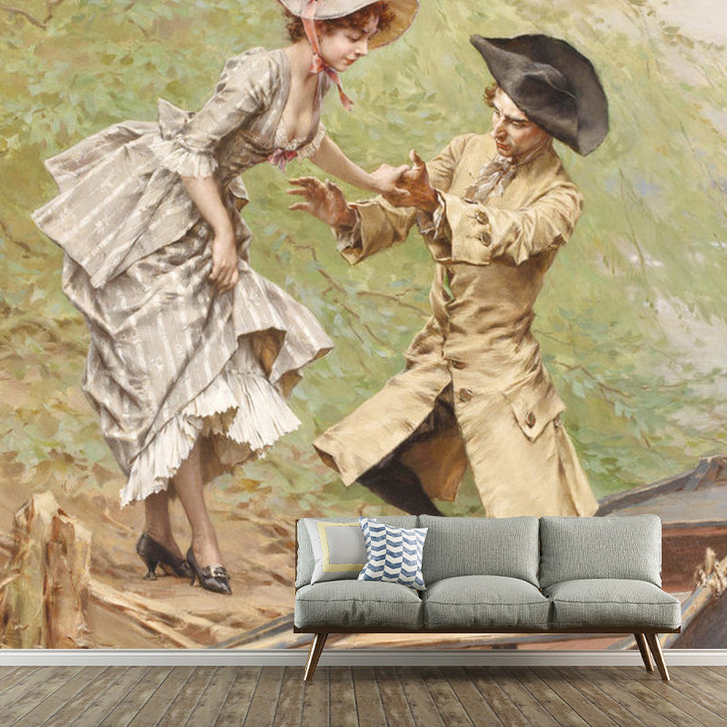 Large European Wall Art in Brown Gentleman and Lady Wall Mural Decal, Custom Size Available Clearhalo 'Wall Decor' 'Wall Mural' 1114600