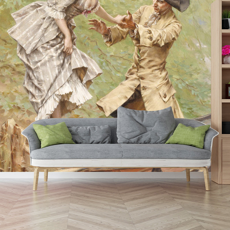 Large European Wall Art in Brown Gentleman and Lady Wall Mural Decal, Custom Size Available Clearhalo 'Wall Decor' 'Wall Mural' 1114601