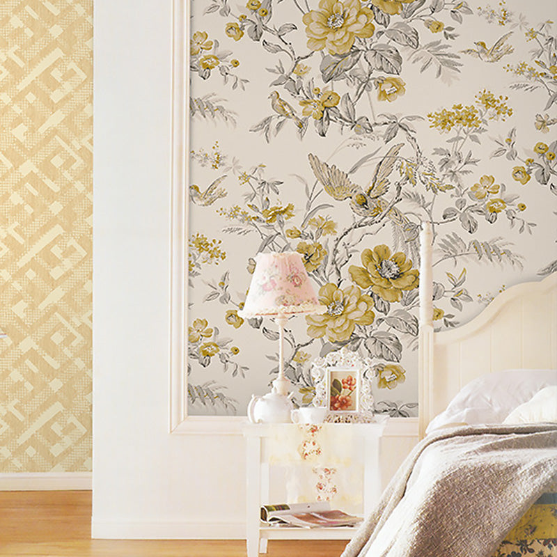 Blossoming Flower and Bird Wallpaper Roll for Accent Wall, Soft Color, 20.5