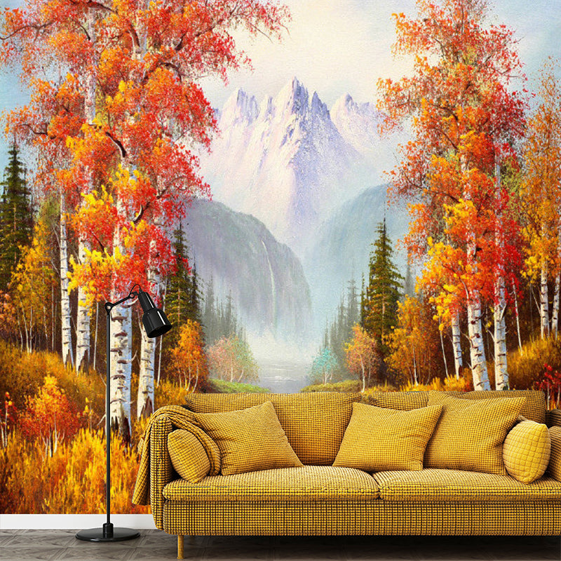 Classic Autumn Forest Wall Mural Decal for Accent Wall, Orange and White, Personalized Size Available Orange-White Clearhalo 'Wall Decor' 'Wall Mural' 1120627