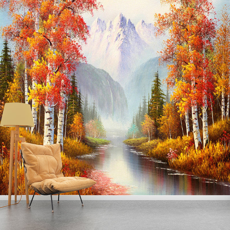 Classic Autumn Forest Wall Mural Decal for Accent Wall, Orange and White, Personalized Size Available Clearhalo 'Wall Decor' 'Wall Mural' 1120628