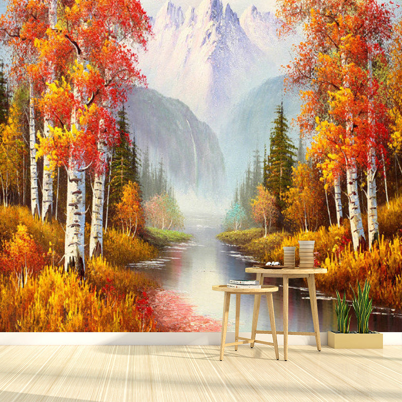 Classic Autumn Forest Wall Mural Decal for Accent Wall, Orange and White, Personalized Size Available Clearhalo 'Wall Decor' 'Wall Mural' 1120629