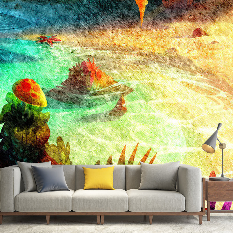 Full River and Forest Mural Wallpaper in Yellow ans Green Non-Woven Fabric Wall Decor for Living Room, Made to Measure Clearhalo 'Wall Decor' 'Wall Mural' 1120633