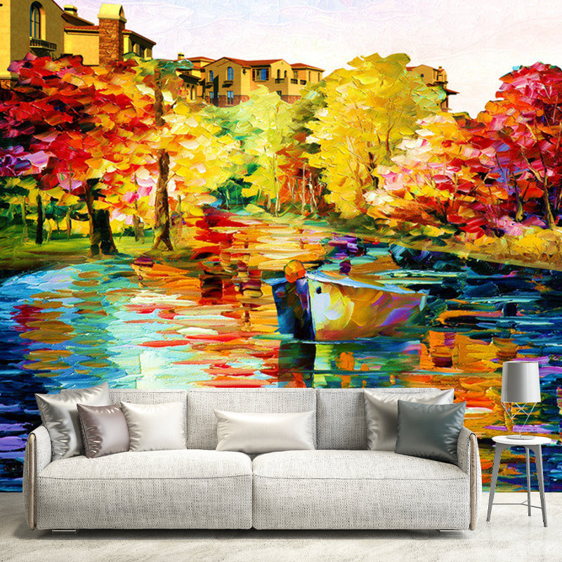 Retro Lake and Trees Mural Wallpaper in Multi-Color Guest Room Decorative Wall Covering, Custom-Printed Red-Yellow-Blue Clearhalo 'Wall Decor' 'Wall Mural' 1120637