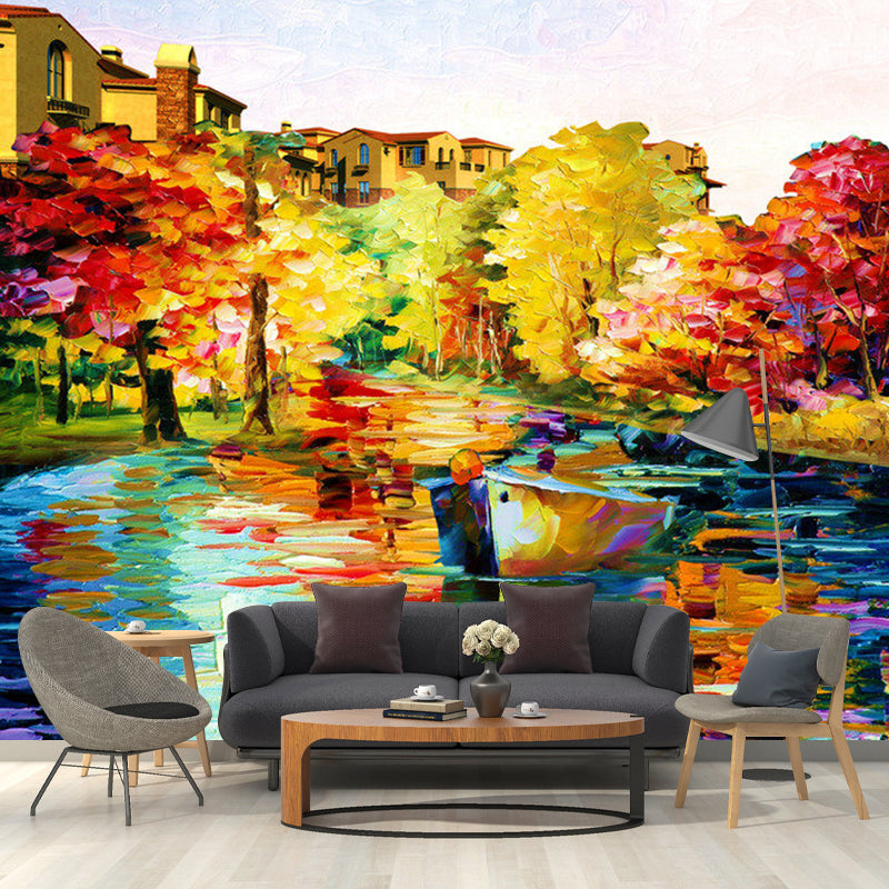 Retro Lake and Trees Mural Wallpaper in Multi-Color Guest Room Decorative Wall Covering, Custom-Printed Clearhalo 'Wall Decor' 'Wall Mural' 1120638