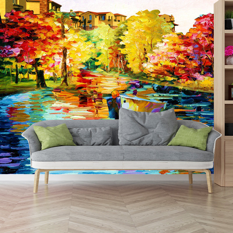 Retro Lake and Trees Mural Wallpaper in Multi-Color Guest Room Decorative Wall Covering, Custom-Printed Clearhalo 'Wall Decor' 'Wall Mural' 1120639