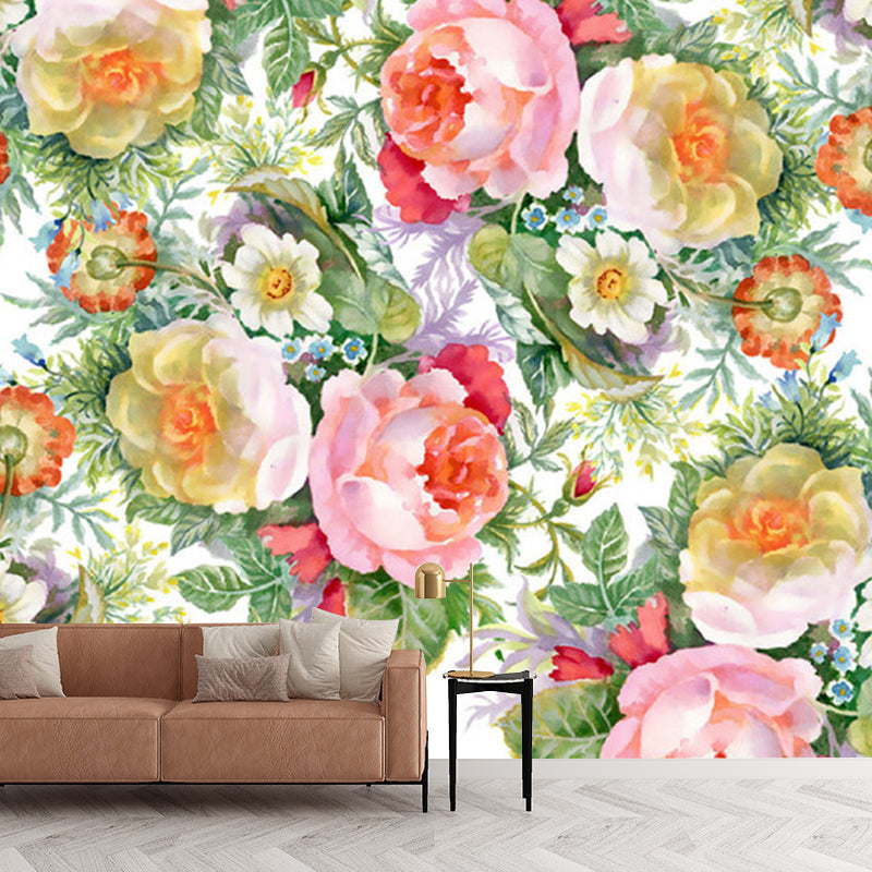 Illustration Blossoming Flowers Wall Covering Extra Large Wall Mural Decal for Girl, Custom-Made Pink-Green Clearhalo 'Wall Decor' 'Wall Mural' 1120647