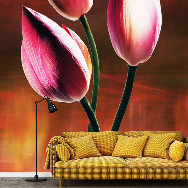 Huge Bud Flowers Mural Wallpaper for Guest Room Decoration in Orange and Purple, Custom-Printed Orange-Purple Clearhalo 'Wall Decor' 'Wall Mural' 1120677